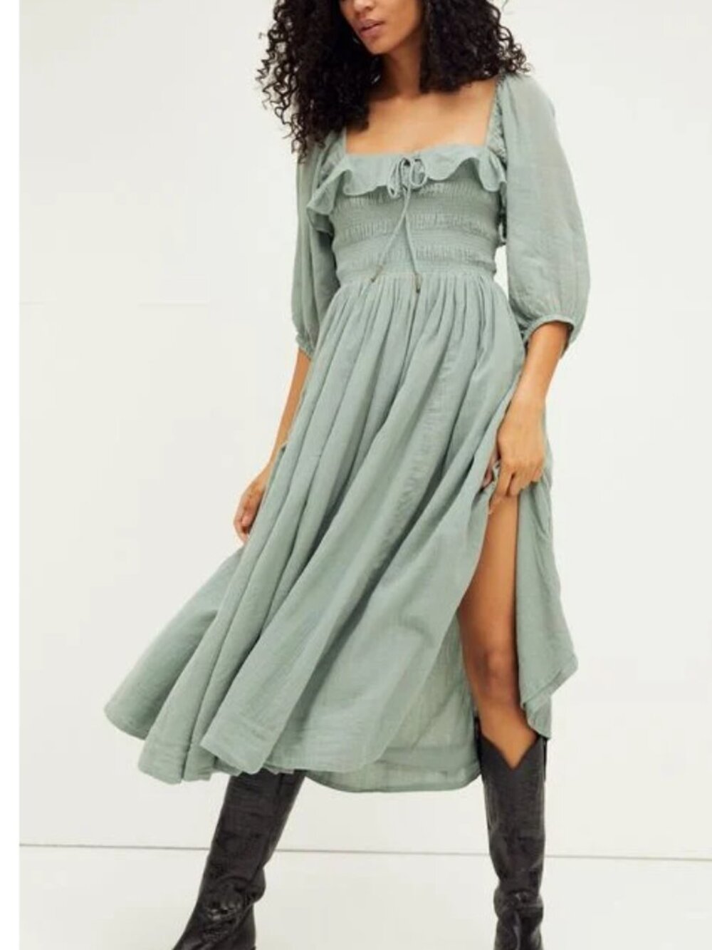 Free People Oasis Midi Dress Periwinkle Blue Boho Cotton Gauze Puff Sleeve MED